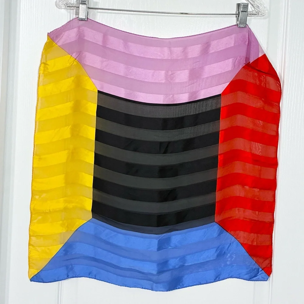 Vintage SILK Colorblock Stripe Scarf 21” Square Blue Lilac Red Yellow Black